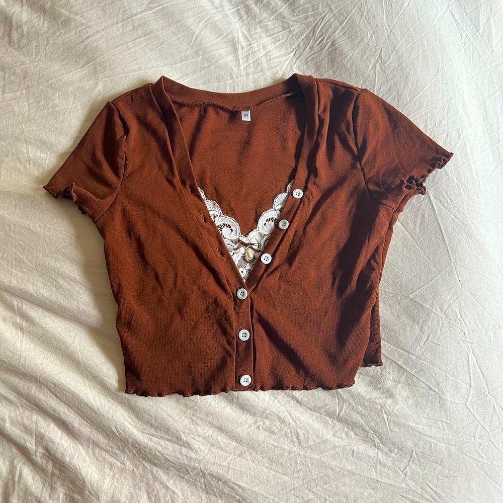 NWOT Modakawa brown white lace crop top Japanese fashion size medium fits S/M